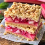 Close-up of two stacked rhubarb shortbread bars with a golden crumb topping and vibrant pink rhubarb filling