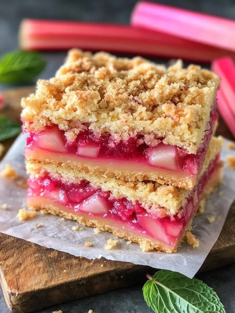 Close-up of two stacked rhubarb shortbread bars with a golden crumb topping and vibrant pink rhubarb filling