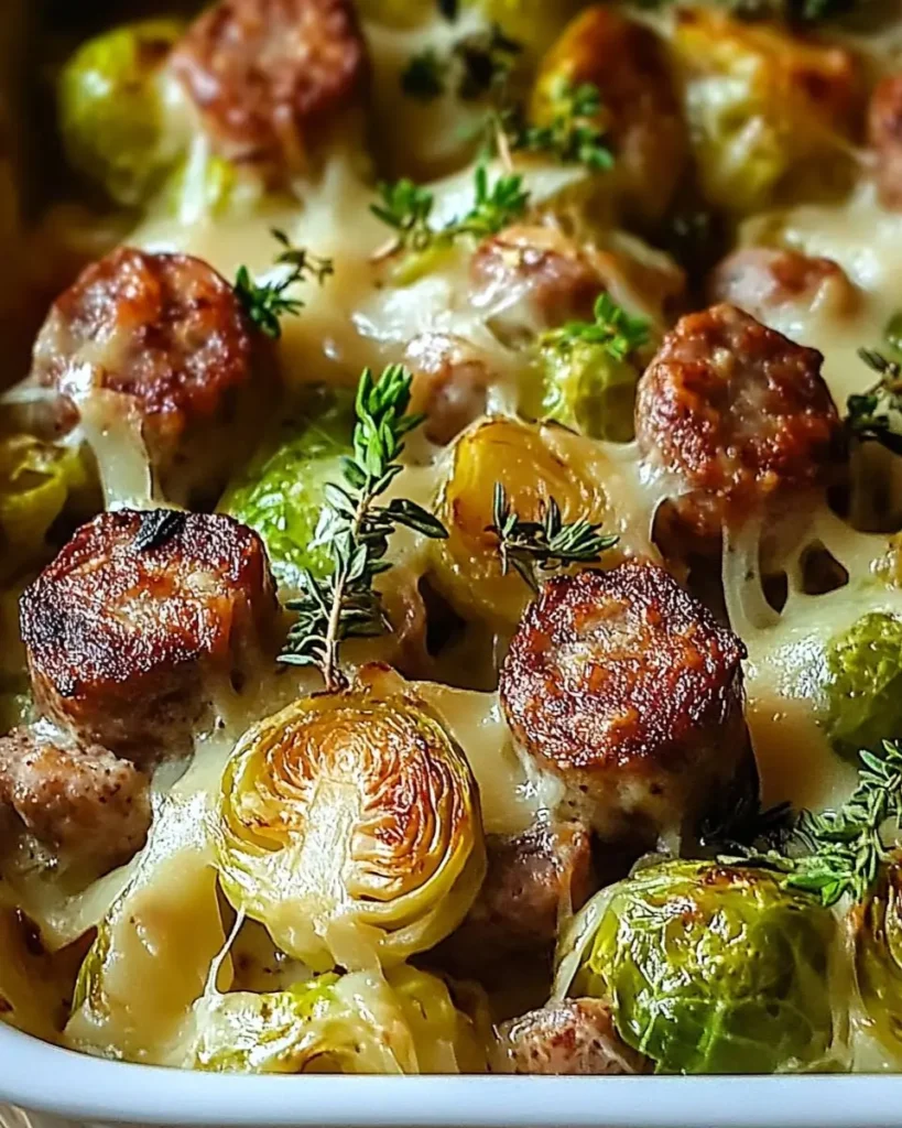 A hearty Sausage and Brussels Sprouts Casserole topped with melted cheese and garnished with fresh thyme.