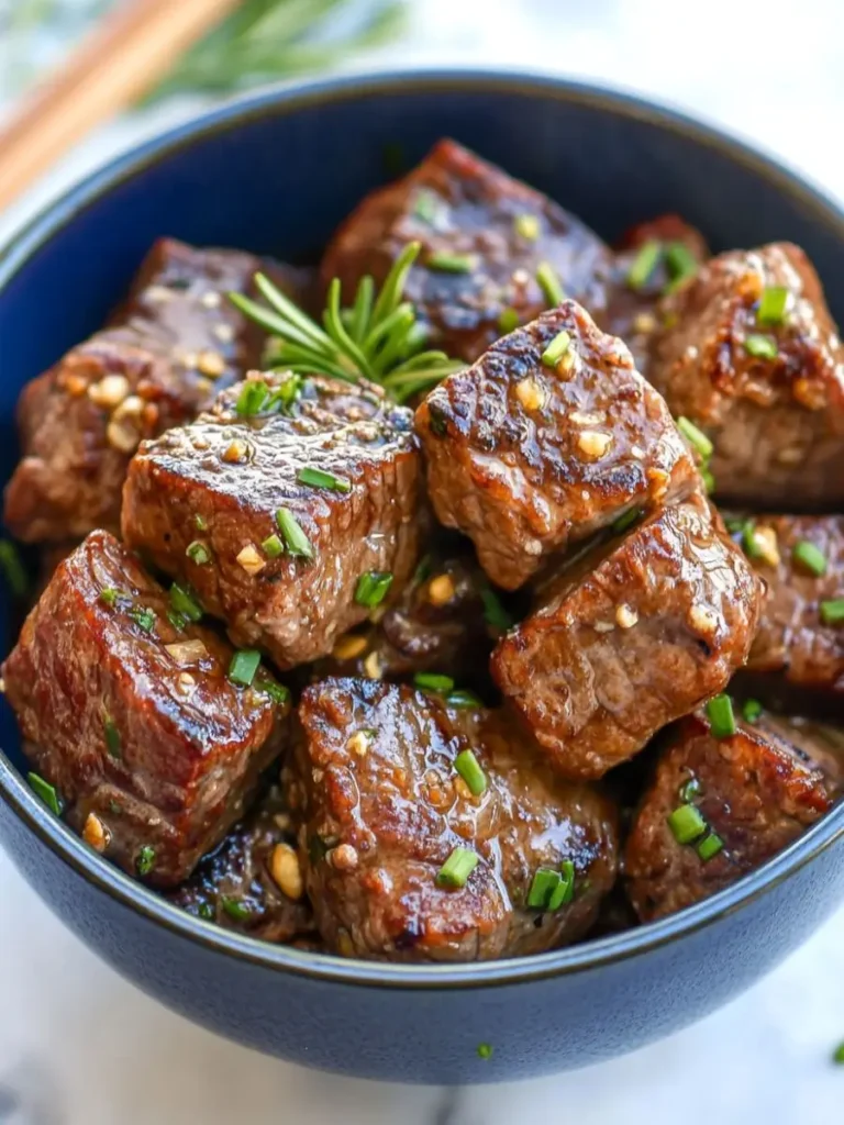 Juicy garlic butter steak bites garnished with chopped herbs served in a blue bowl.