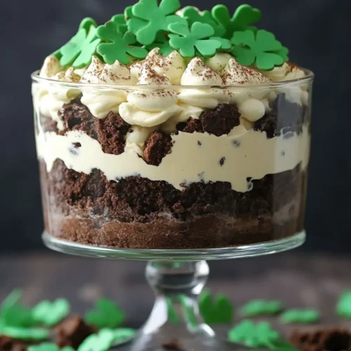 A festive St. Patrick’s Day Brownie Trifle layered with whipped cream, chocolate chunks, and topped with green shamrock decorations in a glass bowl