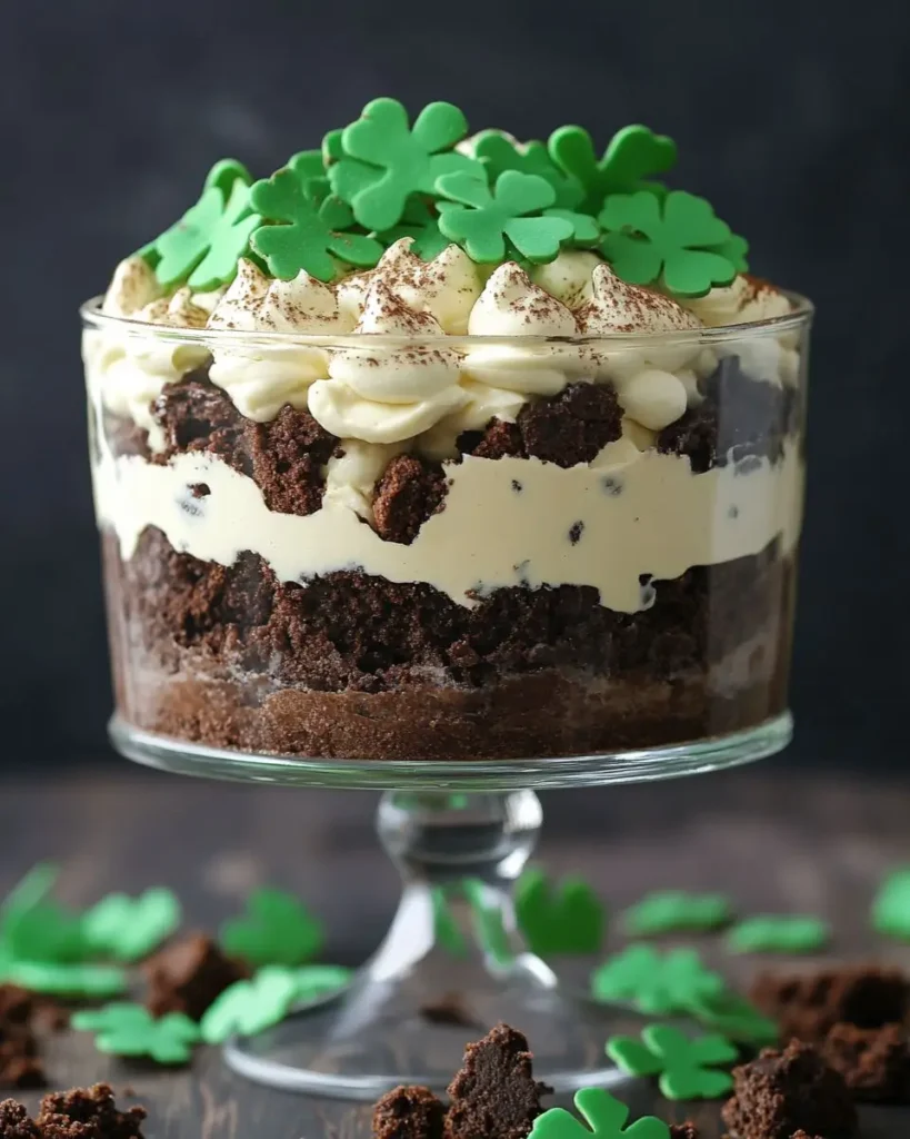 A festive St. Patrick’s Day Brownie Trifle layered with whipped cream, chocolate chunks, and topped with green shamrock decorations in a glass bowl