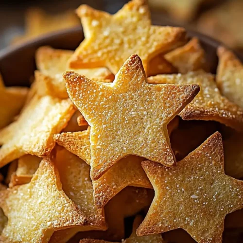A close-up of crispyStar Bread Chips lightly dusted with sea salt, golden-brown and arranged in a rustic bowl.