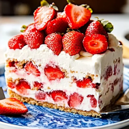A slice of strawberry cream cheese icebox cake topped with fresh whole and halved strawberries, showing creamy layers of whipped filling and graham crackers.
