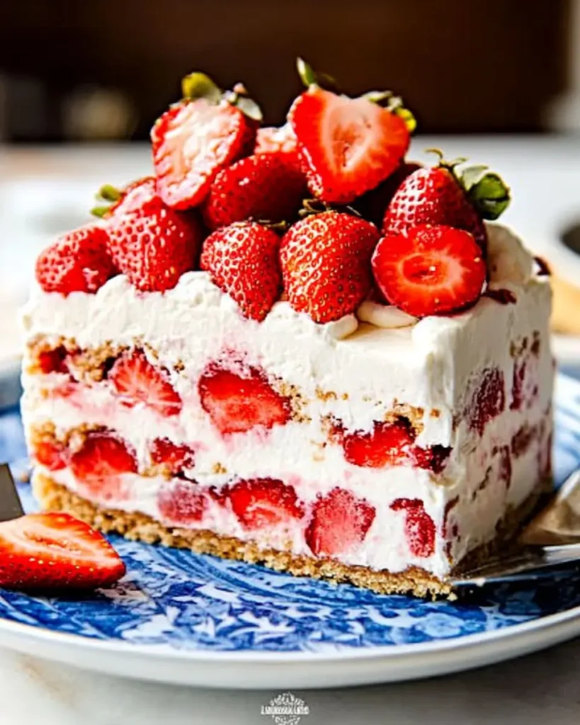 A slice of strawberry cream cheese icebox cake topped with fresh whole and halved strawberries, showing creamy layers of whipped filling and graham crackers.