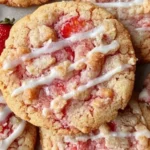 Freshly baked strawberry crunch cookies drizzled with white icing, showcasing a golden-brown texture and vibrant strawberry pieces.