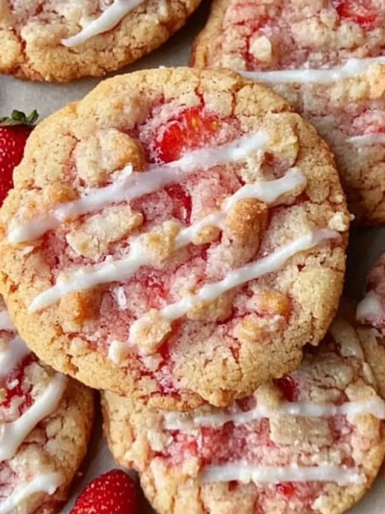 Freshly baked strawberry crunch cookies drizzled with white icing, showcasing a golden-brown texture and vibrant strawberry pieces.