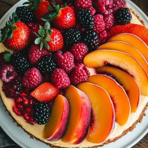 A vibrant Summer Berry and Peach Cheesecake Recipe topped with fresh strawberries, raspberries, blackberries, and sliced peaches, beautifully arranged in a circular pattern.