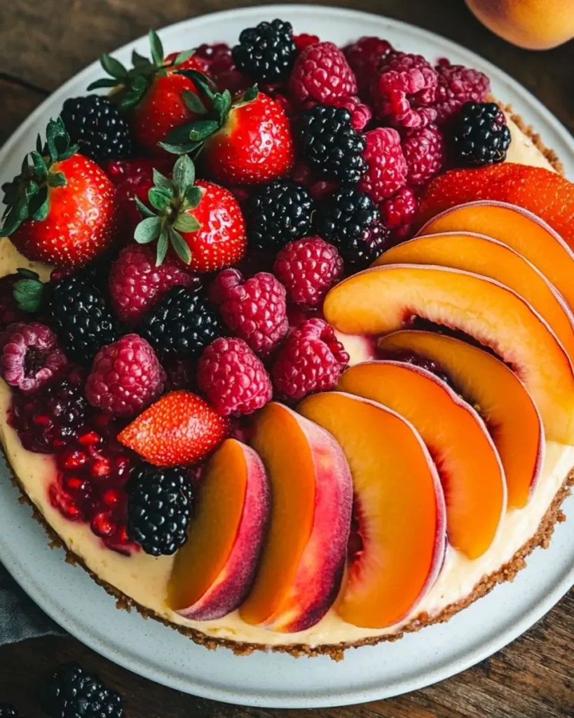 A vibrant Summer Berry and Peach Cheesecake Recipe topped with fresh strawberries, raspberries, blackberries, and sliced peaches, beautifully arranged in a circular pattern.