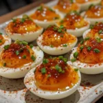 Close-up of sweet and spicy pepper jelly deviled eggs garnished with chives and chili powder on a ceramic platter