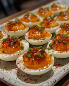 Close-up of sweet and spicy pepper jelly deviled eggs garnished with chives and chili powder on a ceramic platter