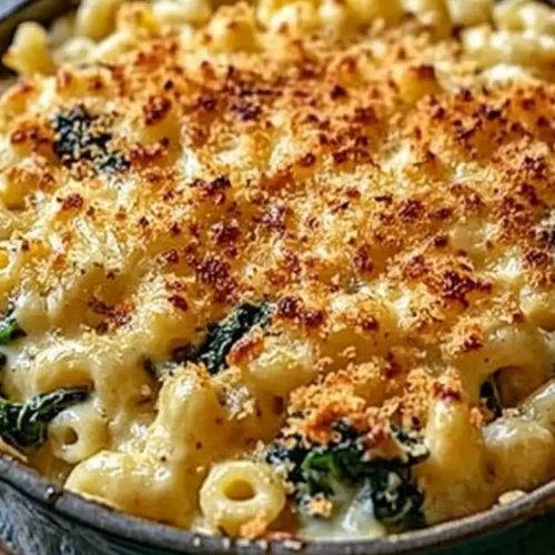 A golden-baked dish of creamy macaroni Swiss Chard and Roasted Garlic Mac and Cheese with crispy breadcrumbs on top, featuring wilted Swiss chard and hints of roasted garlic.