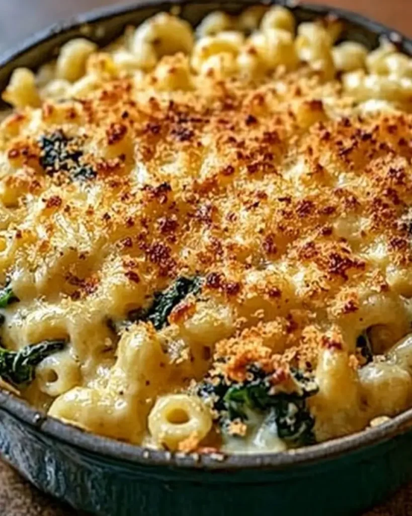A golden-baked dish of creamy macaroni Swiss Chard and Roasted Garlic Mac and Cheese with crispy breadcrumbs on top, featuring wilted Swiss chard and hints of roasted garlic.