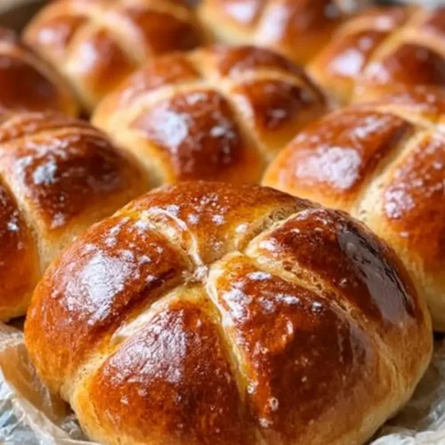 Freshly baked traditional spiced hot cross buns with a glossy finish
