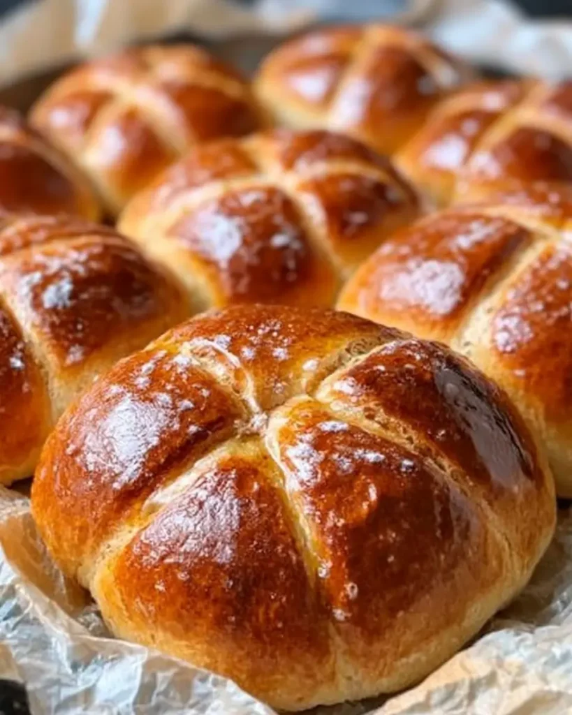 Freshly baked traditional spiced hot cross buns with a glossy finish