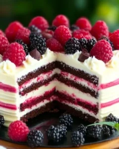A layered White Chocolate Raspberry Dream Cake , topped with fresh raspberries, blackberries, and chocolate curls