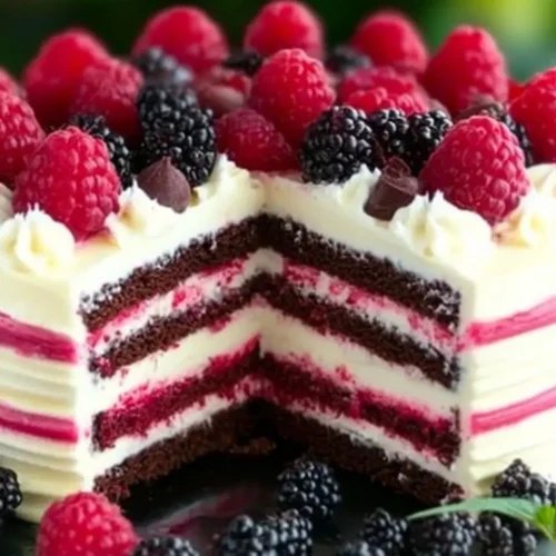 A layered White Chocolate Raspberry Dream Cake , topped with fresh raspberries, blackberries, and chocolate curls