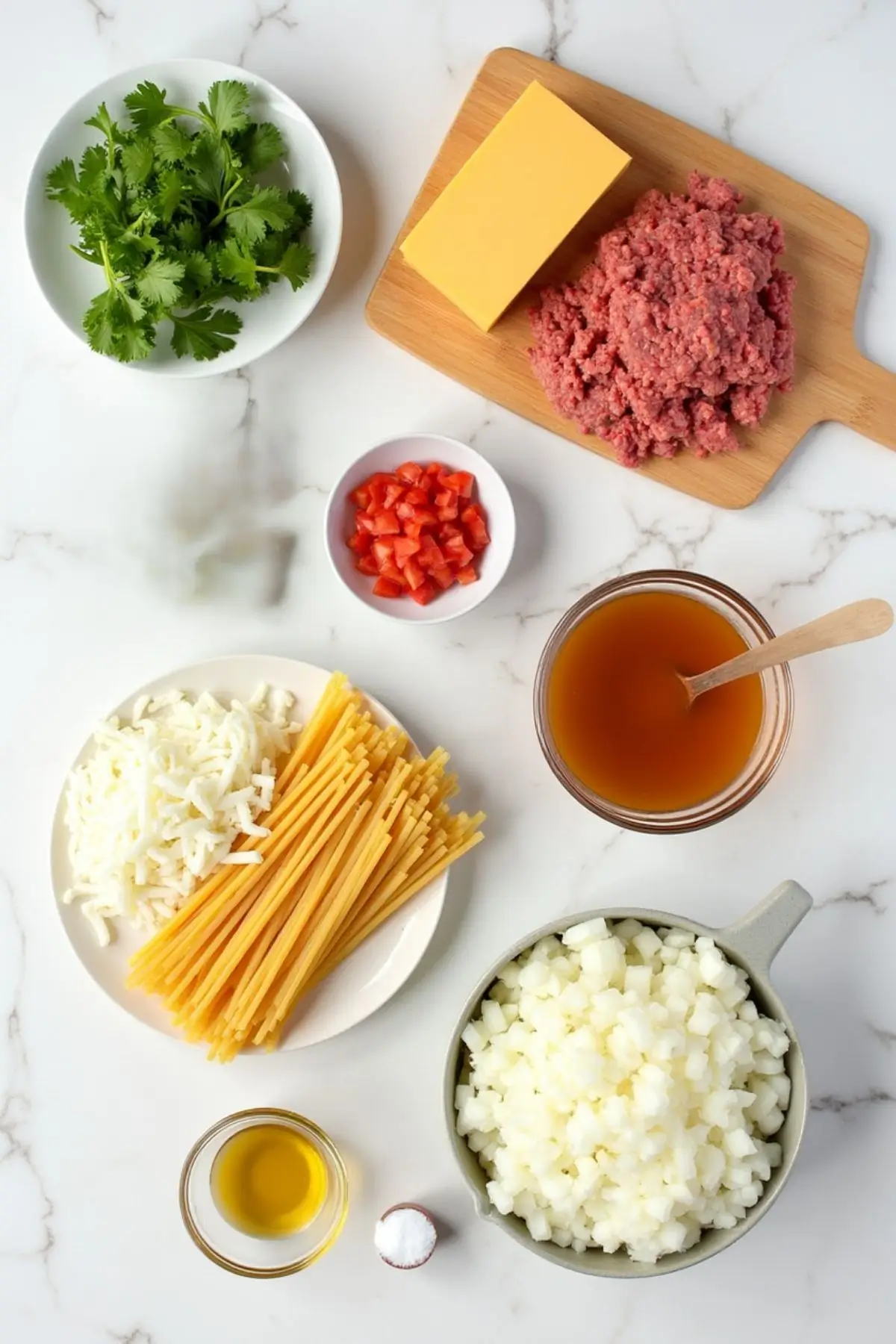 Crockpot taco spaghetti with rotel Ingredients Overhead view of ingredients for Crockpot taco spaghetti with Rotel arranged on a white marble countertop, including raw ground beef, block of cheddar cheese, spaghetti noodles, diced tomatoes, beef broth, chopped onions, olive oil, fresh cilantro, and a small salt dish.