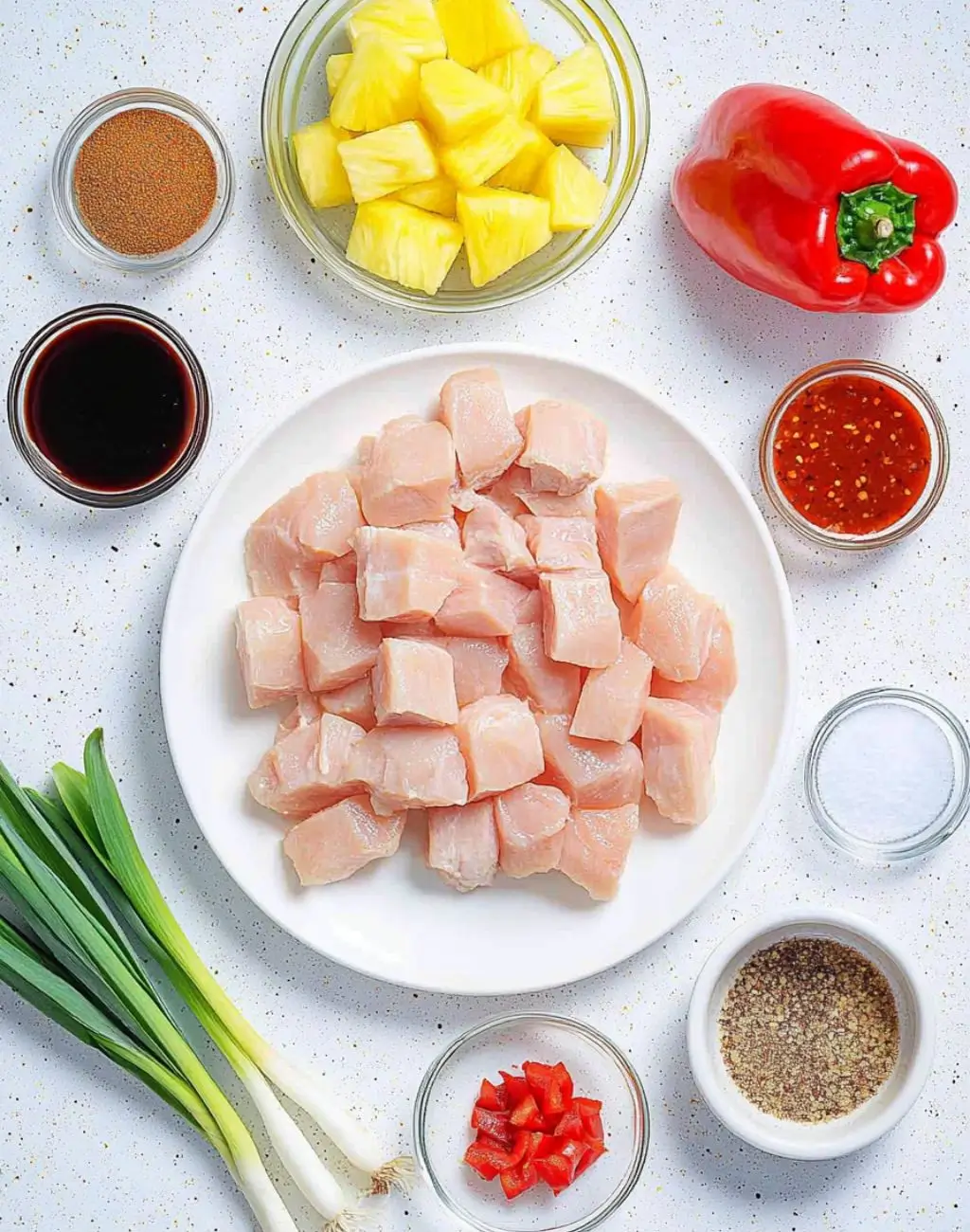 Ingredients for Sweet Hawaiian Crockpot Chicken arranged on a white surface including cubed raw chicken breast, fresh pineapple chunks, red bell pepper, green onions, soy sauce, chili sauce, and various seasonings in small bowls.