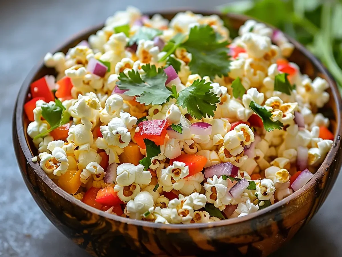A wooden bowl filled with colorful popcorn salad recipe featuring white popped kernels mixed with diced red bell peppers, purple onions, and fresh cilantro leaves