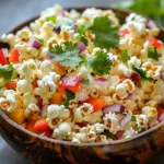A wooden bowl filled with colorful popcorn salad recipe featuring white popped kernels mixed with diced red bell peppers, purple onions, and fresh cilantro leaves