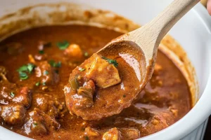 A wooden spoon lifts a piece of tender chicken from a Slow Cooker Chicken Curry filled with rich, dark brown curry sauce, with chunks of chicken and vegetables visible in the background
