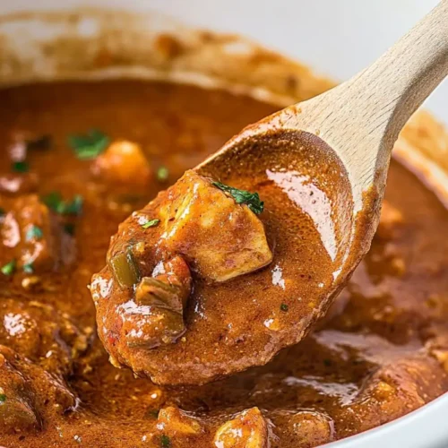 A wooden spoon lifts a piece of tender chicken from a Slow Cooker Chicken Curry filled with rich, dark brown curry sauce, with chunks of chicken and vegetables visible in the background