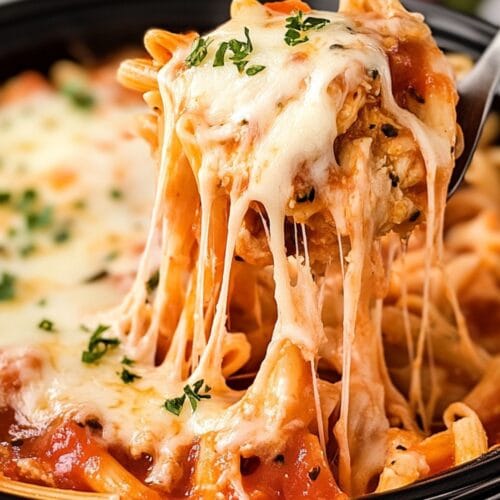 A forkful of Slow Cooker Chicken Parmesan Pasta being lifted from a black bowl, with melted mozzarella stretching in long, gooey strings. The pasta appears to be penne in a rich tomato sauce, garnished with fresh herbs.