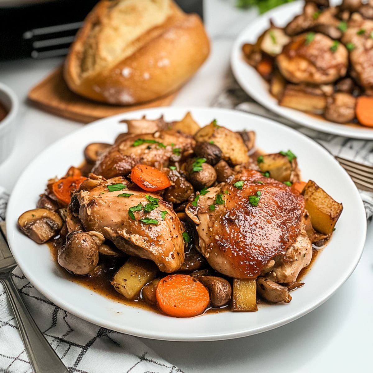 Slow Cooker Chicken and Gravy Recipe warm homemade slow cooker chicken merlot in a white bowl with mushrooms and herbs