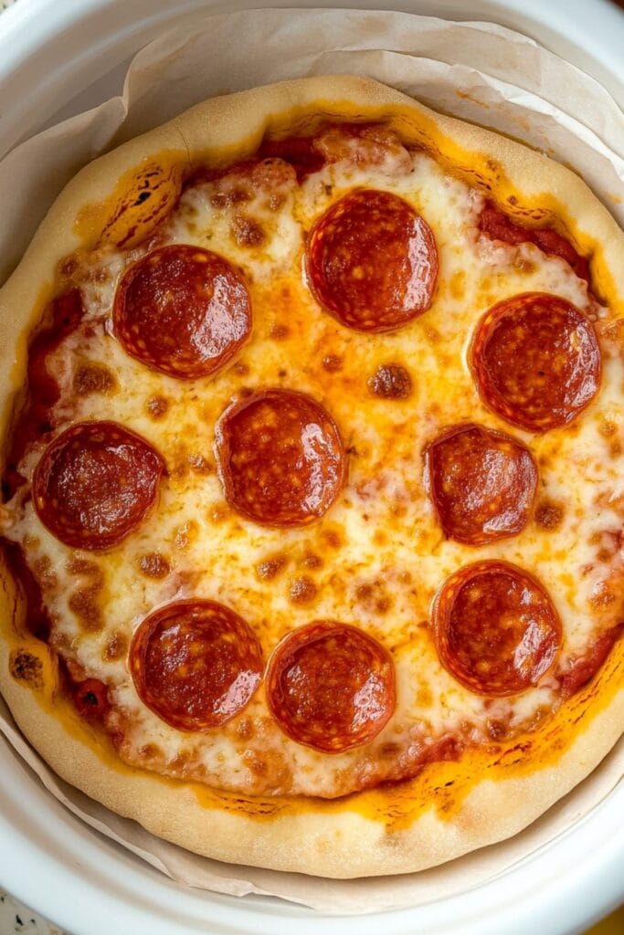 A homemade pepperoni Slow Cooker Pizza, showing golden melted cheese, perfectly arranged pepperoni slices, and a golden-brown crust, all contained within a white slow cooker lined with parchment paper.