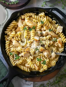 White Cheddar Chicken Pasta with spiral rotini noodles, seared chicken pieces, and sautéed mushrooms in a cast iron skillet, garnished with fresh thyme and grated parmesan cheese