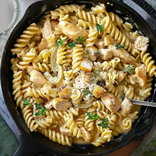White Cheddar Chicken Pasta with spiral rotini noodles, seared chicken pieces, and sautéed mushrooms in a cast iron skillet, garnished with fresh thyme and grated parmesan cheese