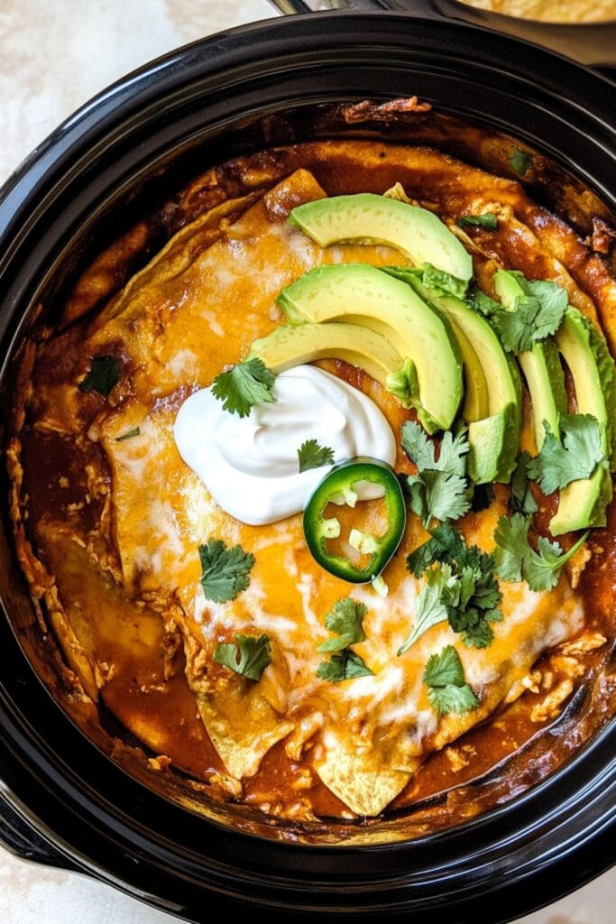 Slow cooker chicken enchilada casserole topped with melted cheese, fresh avocado slices, sour cream, jalapeño, and cilantro in a black crockpot.
