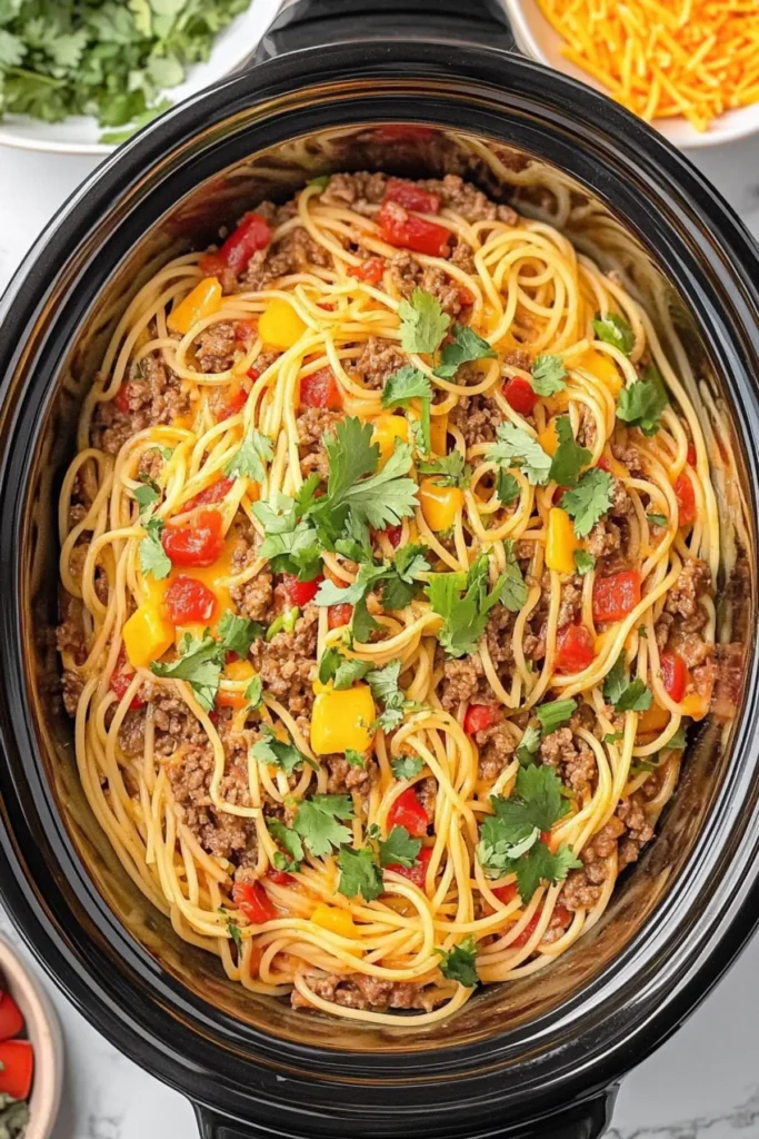 Overhead view of crockpot taco spaghetti with spaghetti noodles, seasoned ground beef, diced red and yellow bell peppers, all garnished with fresh cilantro. Bowls of shredded cheese and chopped herbs visible around the edges.