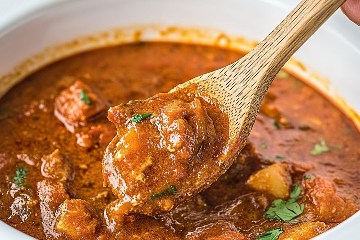 easy slow cooker curry no cream easy slow cooker curry no cream with tender meat pieces being lifted on wooden spoon, rich tomato-based sauce, no cream needed