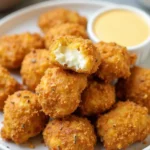 Golden brown Cheese Chicken Nuggets with a crispy coating, served with dipping sauce.