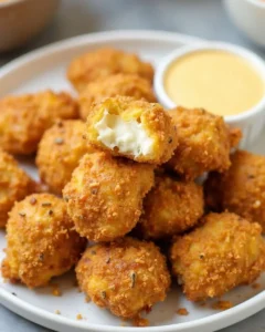 Golden brown Cheese Chicken Nuggets with a crispy coating, served with dipping sauce.