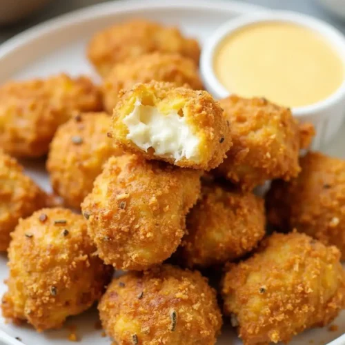 Golden brown Cheese Chicken Nuggets with a crispy coating, served with dipping sauce.