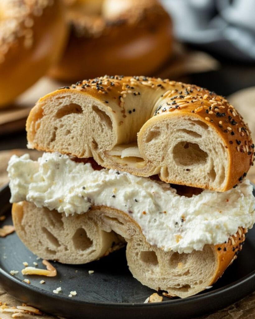 Sliced everything bagel filled with creamy whipped Cottage Cheese Bagels spread, served on a black plate. A perfect example of Cottage Cheese Bagels.
