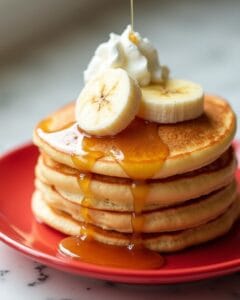 Fluffy Cottage Cheese Pancakes stacked on a red plate, topped with banana slices, whipped cream, and drizzled maple syrup.