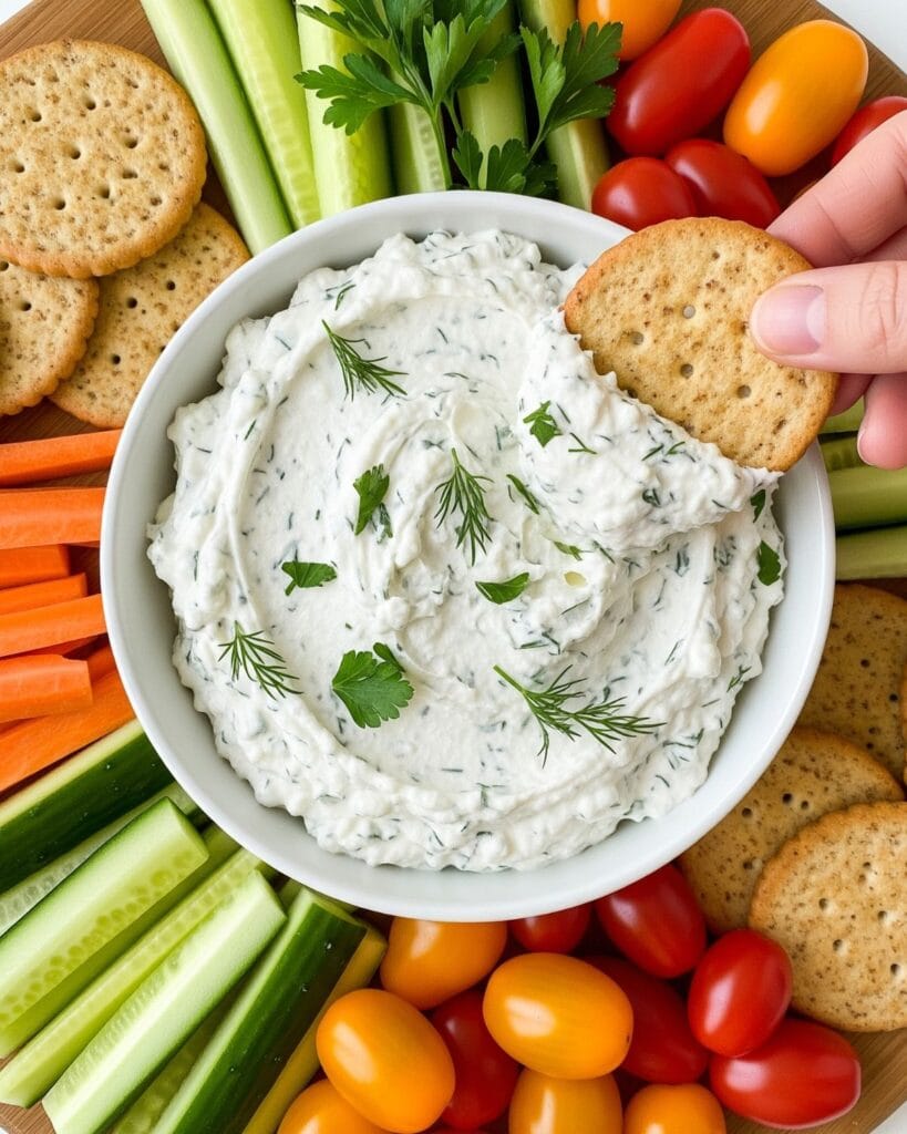 Cottage cheese dip recipes with fresh herbs served in a white bowl, surrounded by crackers, cherry tomatoes, cucumber, and carrot sticks.