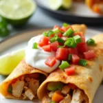 Crispy Chicken Chimichangas filled with seasoned chicken and vegetables, topped with sour cream, diced tomatoes, and green onions, served with lime wedges.
