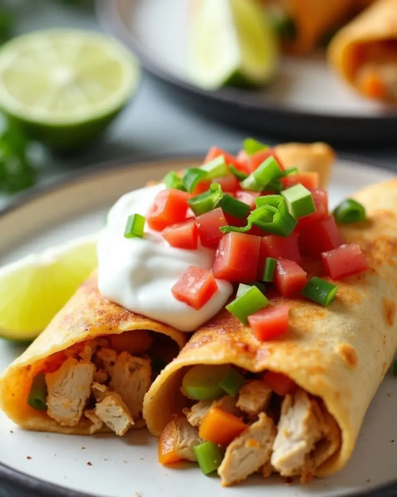 Crispy Chicken Chimichangas filled with seasoned chicken and vegetables, topped with sour cream, diced tomatoes, and green onions, served with lime wedges.