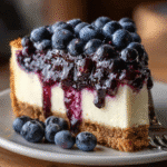 A close-up of a slice of Nova Scotia Blueberry Cream Cake with layers of creamy cheesecake, blueberry compote, and fresh whole blueberries on top, sitting on a white plate with a graham cracker crust.
